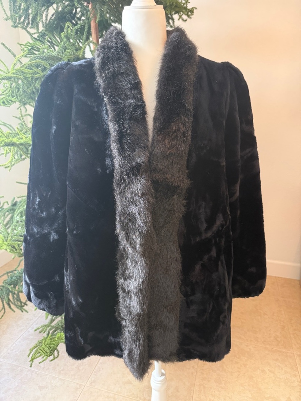 Black Faux Fur Coat with Dark Gray Trim coat